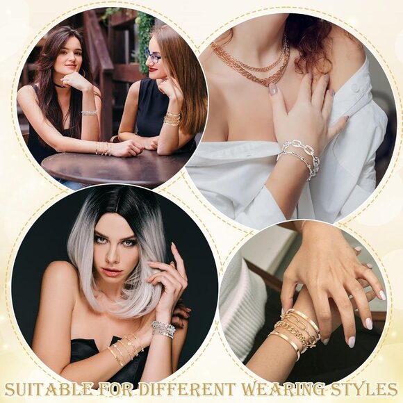 33 Pcs Metal Bracelets Set for Women Mixed Gold Silver Stylish Stackable Jewelry - Picture 5 of 6